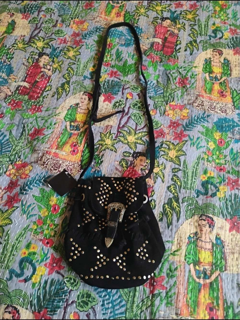 Black Studded Hobo Bucket Bag with Buckle Accent